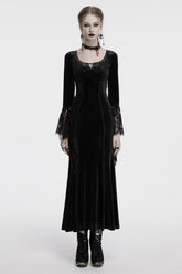 Black Long Sleeves Floral Embroidery Stitching Lace Women's Gothic Gown Dress